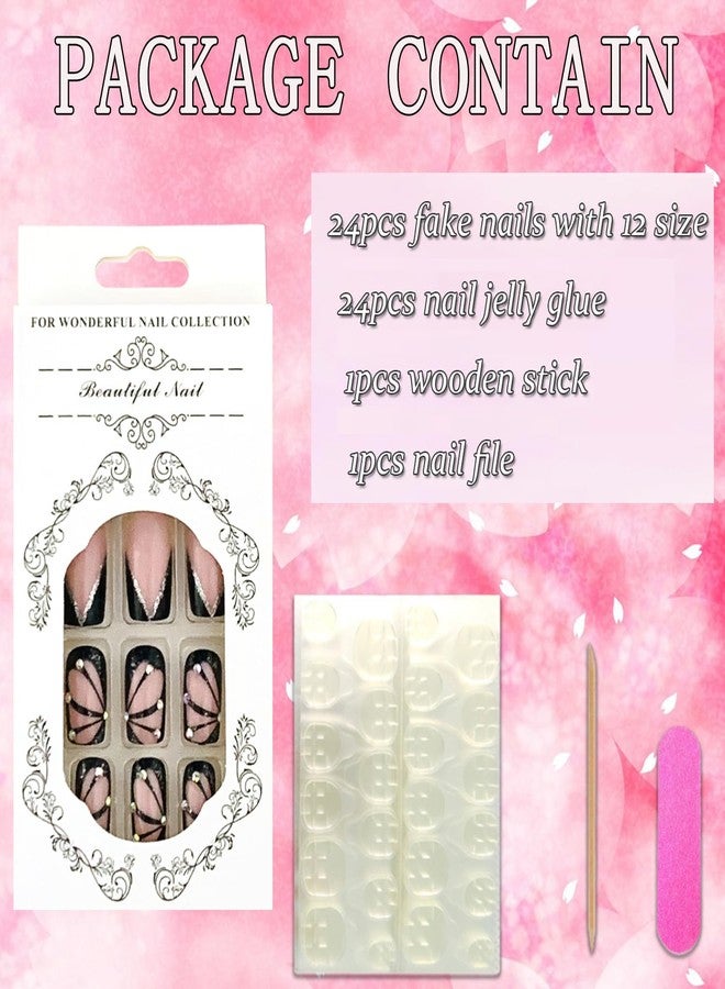 Vezocim Black Press on Nails Medium Square 24Pcs Artificial Glossy French Fake Nails with Rhinestone Designs Full Cover Coffin False Nails Glue Stick on Nails Fingernails with Charm for Women Girls - Image 4